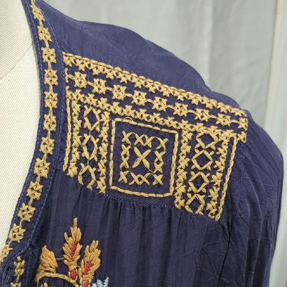 Johnny Was Embroidered Navy and Gold Open Front Jacket - Picture 5 of 13